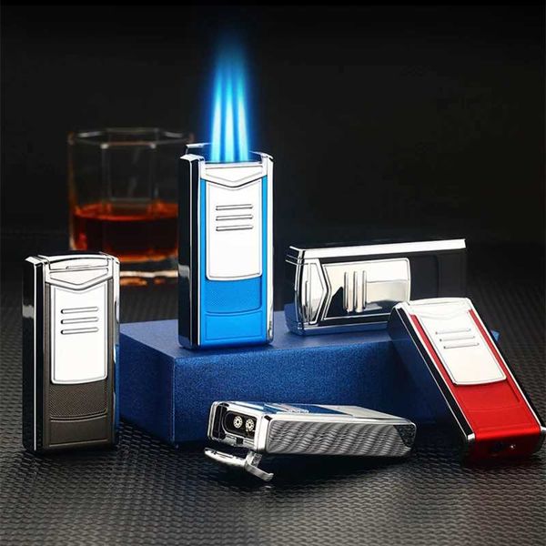 Nuovo accendino per sigari con fiamma blu antivento in metallo per candele da barbecue, fuochi d'artificio, gadget da campeggio all'aperto per uomo