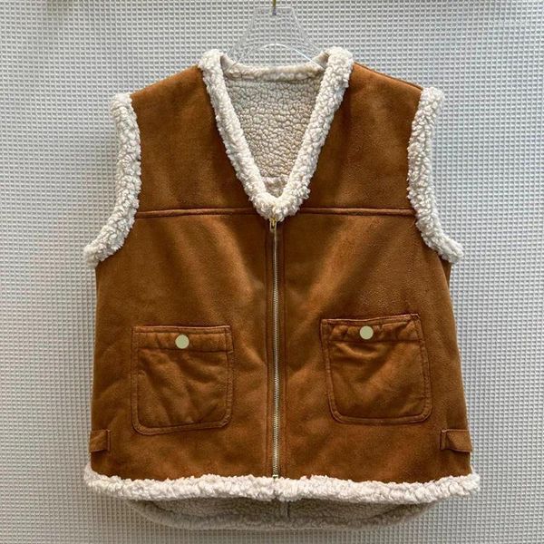 Coletes femininas colete de camurça 2023 outono inverno vintage maillard granular veludo eco-amigável lã com decote em v cardigan topo para