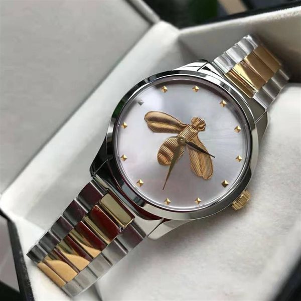 Ultra fino moda luxo relógios de pulso amantes casais estilo clássico padrões de abelha relógios 38mm 28mm caso de prata das mulheres dos homens designer198o