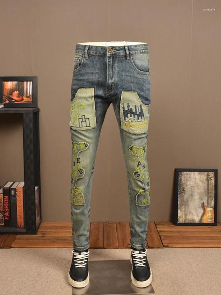 Jeans masculinos Retro de personalidade desgastada Stret Stretch Slim Fit Fit Plow Ploth Play