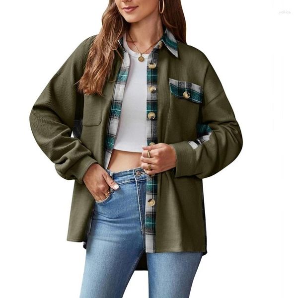 Kadın bluzları Vintage ekose baskı desen gevşek çanta rahat düğme aşağı uzun kollu ceketler gömlekleri cepli ceket cepleri