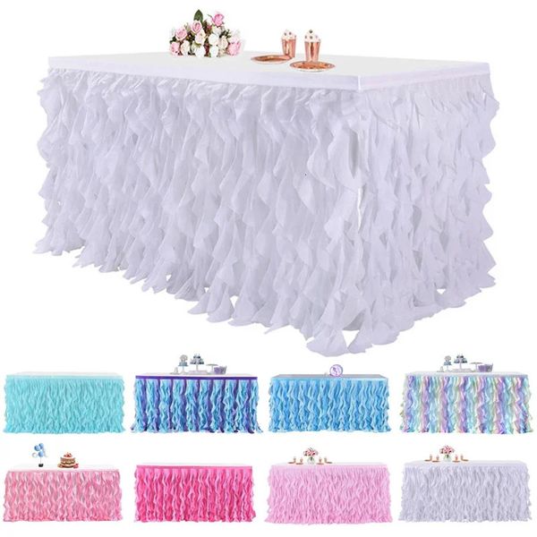 Saia de mesa encaracolada com design de salgueiro, saia branca de tule tutu para casamento, aniversário, chá de bebê, decorações de festa, rodapé 231225