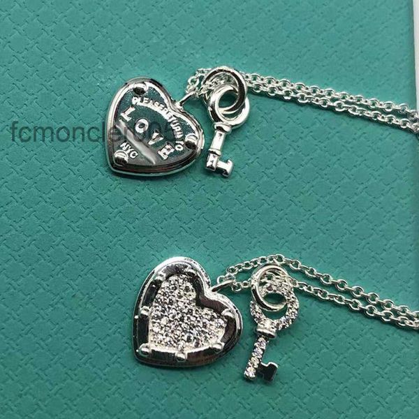 Colar t s925 prata esterlina amor diamante coração marca pequena chave platina clavícula corrente luz luxo amor bloqueio pingente ipi4