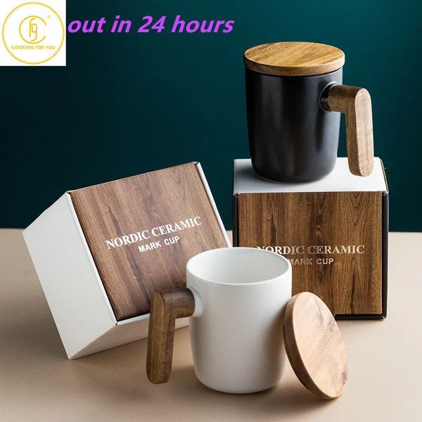 Pacote de presente alça de madeira com capa xícara de café amantes canecas cerâmica conjunto de madeira 231225