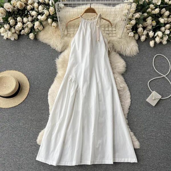 Lässige Kleider Modedesignerin White Open Rücken Sundress Summer Women Ärmellose sexy Rückenfreie lockere elegante Strand Boho Maxi Kleid Vestidos