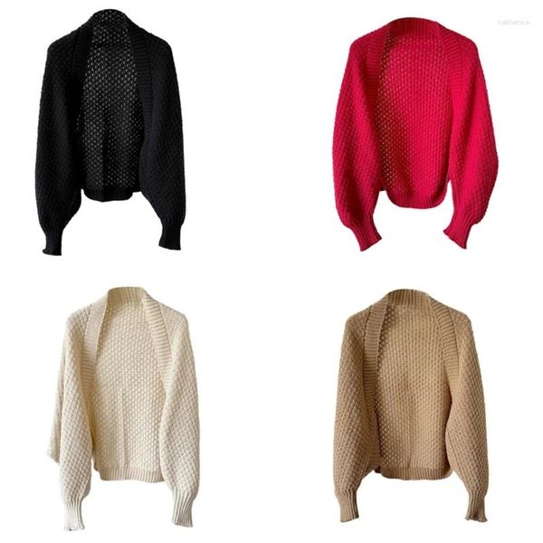 Damen Strick Herbst Hollow Strick Feste Farbe Strickjacke für Frauen Langer Batwing -Ärmel lässig losen offener vorderer Pullover Mantel Achselzucken Schal