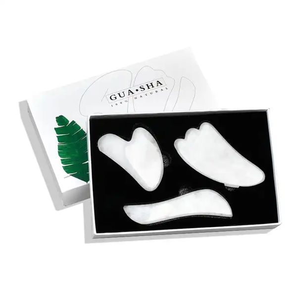 Weiße Jade Gua Sha Set mit Geschenkbox Naturstein Gua Sha Facial Tools für Spa Akupunktur Haut straffen Faceling Guasha Massagern Schönheit Hautpflege