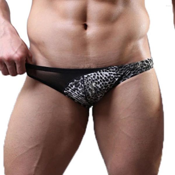 Underpantes homens roupas íntimas prensas de leopardo malha calcinha de moda respirável u convexo bulge g-string elástico calcinha