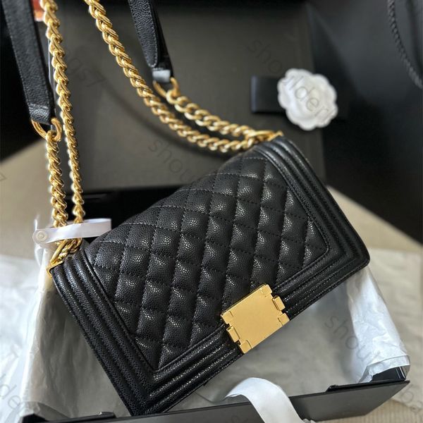 Alta Qualidade Luxurys Bolsas Lambskin Caviar Couro Designer Bag Womens Chain Clutch Flap Crossbody Bags Gold Metal Bolsa de Ombro Cross Body Bolsa 25cm com Caixa