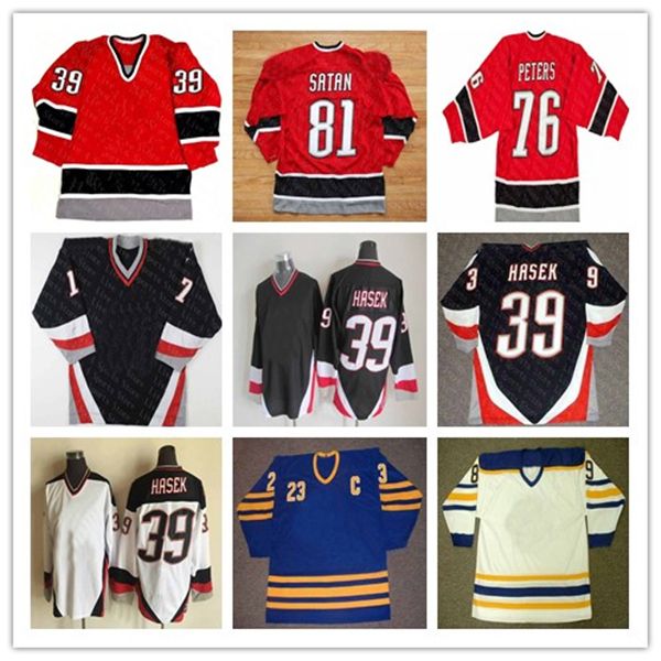 Maglia da hockey vintage 39 DOMINIK HASEK 48 Daniel Briere 29 JASON POMINVILLE 9 DEREK ROY Jason Woolley Brian Campbell Curtis Brown Miroslav Satan Pat Lafontaine