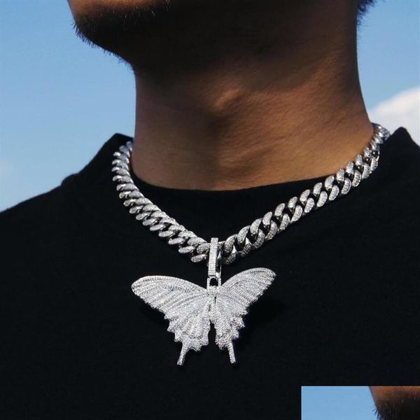Ожерелья с подвесками Iced Out Animal Big Butterfly ожерелье Sier Blue Plated Mens Hip Hop Bling Jewelry Gift Whole2281 Drop Delivery Pen Dhwky