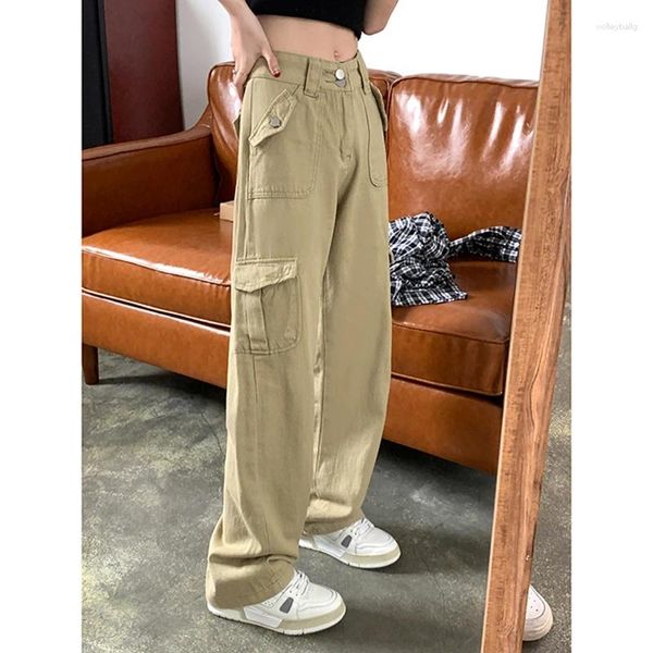 Jeans femininos americanos y2k khaki Vintage Fashion Fashion Pocket Caints High Pants reta Street Baggy Wide Denim Trouser Ladies