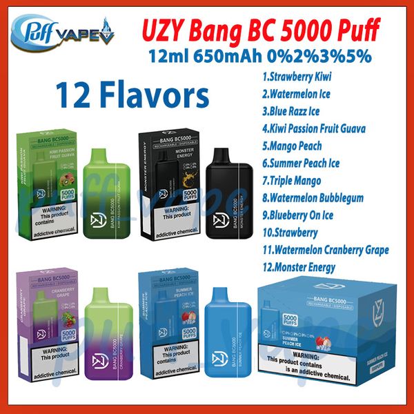 Birincil Uzy Bang BC 5000 Puf E Sigara 650mAh Şarj Edilebilir Bettery vs Elf Kutusu 5K 12ml Ön Doldurulmuş Pod 12 Tatlar Teknik Teslim Edilebilir Vape Kalem Kiti