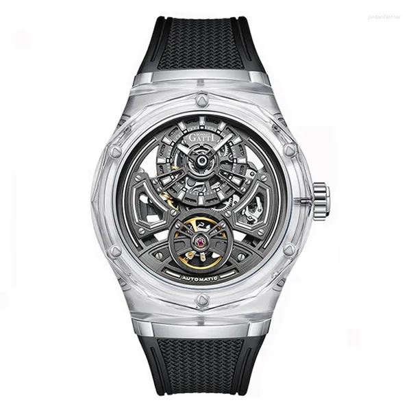 Relógios de pulso mais boates homens gatti relógio automático Caso transparente Caso de punho mecânico Redimento 3ATM Luminous Fluororberber Strap Skeleton Dial