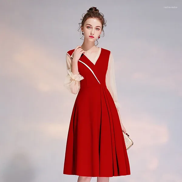 Ethnische Kleidung Wein Rot Vintage Kleid sexy Spitzen Ärmel V-Ausschnitt Verlobungs Mode täglicher Hochzeits Toast Französische Cocktailkleider