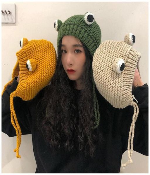 Berets 2022 Moda Mulheres Crochet Malha Sapo Headband Bonnet Beanie Bonito Dos Desenhos Animados Grandes Olhos Chapéu Inverno Earflap Cap Po Props3266398