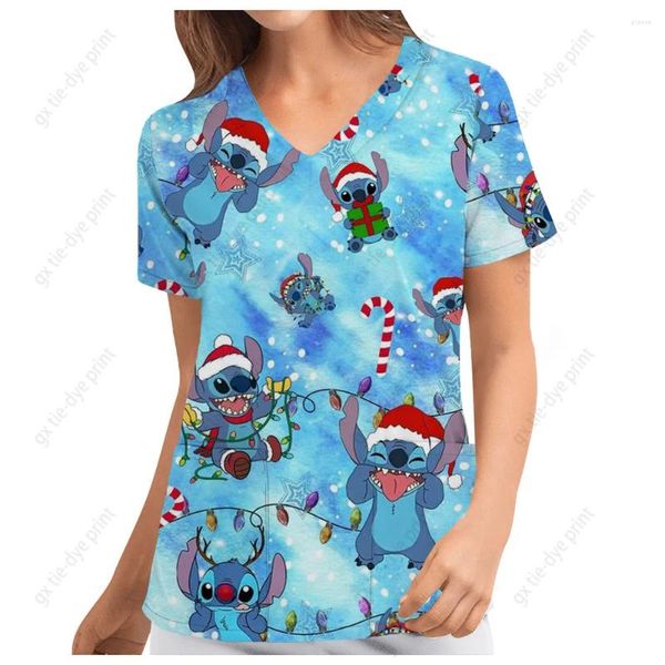 Magliette da donna Stitch Uniforme natalizia Top Babbo Natale T-shirt da lavoro per dentista di bellezza per animali domestici stampata smerigliata