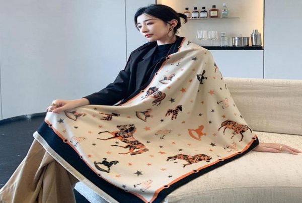 Lenços design de luxo grosso inverno cashmere cachecol mulheres envolve cavalo estrela pashmina xales senhoras quente hijab cobertor feminino bufanda 8178950