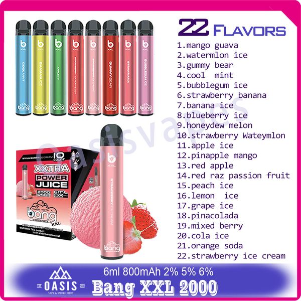 Autêntico original Bang XXL 2000 Cigarro eletrônico descartável Puff 800 mAh 22 sabores 2% 5% 6% 6ML POD PUFFS 2K PAPE DISPOSILÍVEL PEN