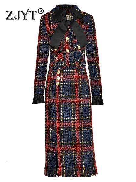 ZJYT Herbst Winter Plaid Tweed Woolen Kleid Sets Zwei Stück für Frauen Outfit Elegante Vintage Schleife Jacke Rock Anzug büro Party 231225