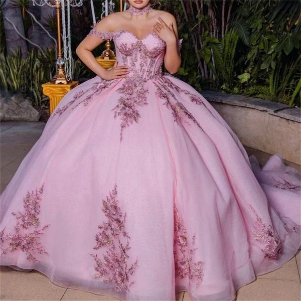 Sweet 16 Платье с плечевых кружевных аппликаций Quinceanera платья с мячом корсет кружев