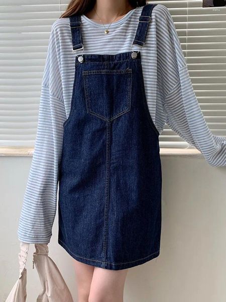 Abiti casual SML in stile preppy coreano 2023 donne estive cinghie ad alta vita in denim femmina femmina sciolta di jeans abiti da donna (72797