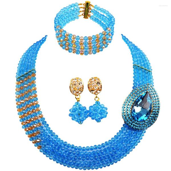 Halskette Ohrringe Set Lake Blue Mode afrikanische Perlen Schmuckkristall