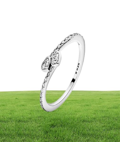 Nova chegada 925 prata esterlina dois corações brilhantes anel para mulheres anéis de casamento moda jóias 8161752