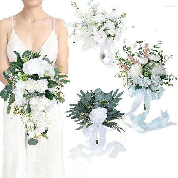 Dekorative Blumen yan weißer Frühling Hochzeitsstrauß für Brautbrautjungfer künstlicher Rosenbrautbouquet Country Boho Dekoration