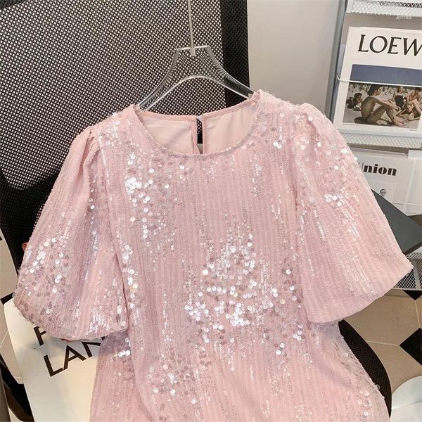 T-shirt da donna T-shirt a maniche corte in pizzo estivo Abbigliamento 2023 Shinny Paillettes Top Chic Bella camicia pullover T-shirt da donna