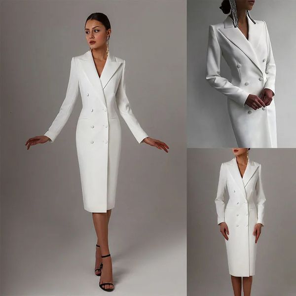 Damenanzug, langer Blazer, zweireihige Jacke, weißer Smoking, Party-Kleid mit spitzem Revers, 231225