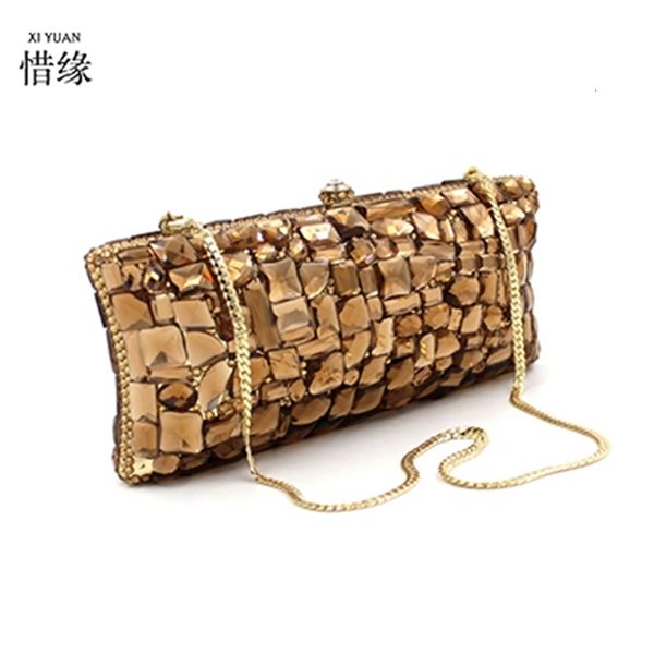 Xiyuan vidro strass festa marrom embreagem bolsa pedras sacos de noite caixa bolsa bolsas mulheres nupcial casamento metal garras saco 231222