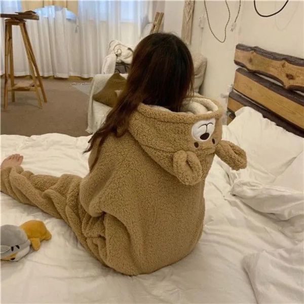 Kleidung nach Hause Kleidung Bär Hase Kapuzen-Onesies Frauen Kigurumi Pyjamas Niedlicher Pyjama Winter Warme Nachtwäsche Kawaii Weibliche Nachtwäsche Pyjamas J