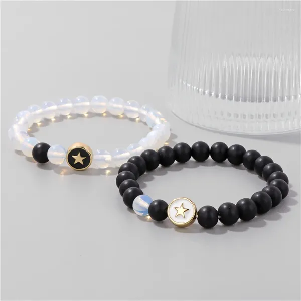 Strand 2pcs/Set Star Bracelets Bracelets Natural Stone Black Onyx Opalites Heart Moon Mone Women Мужчины пары