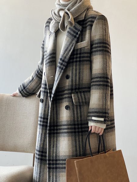 Cappotto di lana a doppia faccia in lana retrò, cappotto a quadri lungo in stile britannico femminile