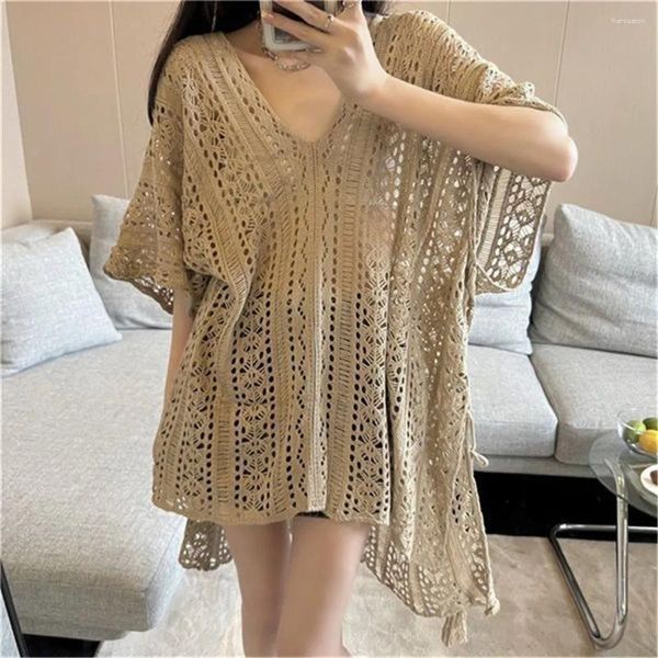 Suéteres femininos Sexy Hollow Crochet Cover Up Beach Top feminino 2023 Vacas de verão Bathing Bathing Awear Knit Women Sun Protection