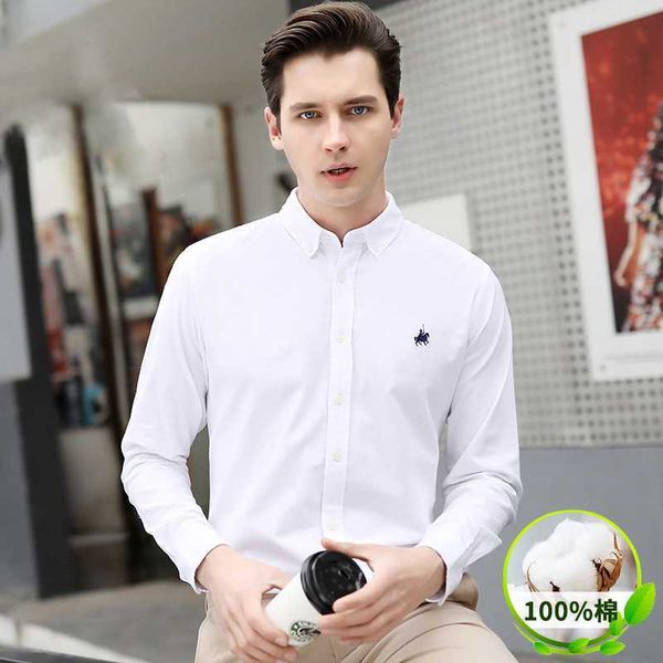 Camisa xadrez de algodão puro empresarial para homens, manga comprida, branca, primavera e outono, versão coreana, slim fit, casual, listrada