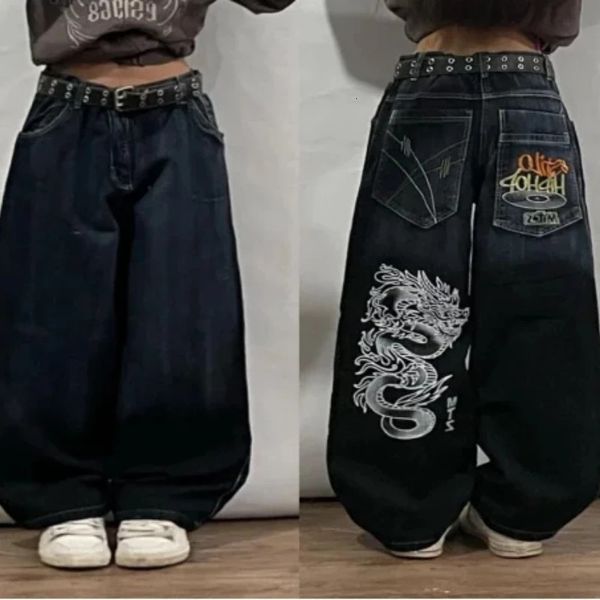 Jeans larghi stampati con motivo Street Dragon da donna Y2K pantaloni larghi a vita alta con tasche larghe, casual e versatili 231225