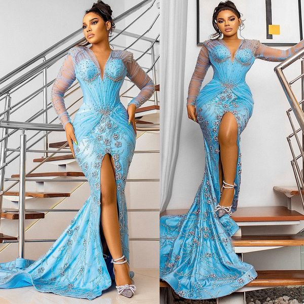 Abiti da ballo Aso Ebi taglie forti Illusion Sirena Scollo a V Iceblue Abito formale da sera con spacco alto per occasioni speciali Abiti da festa di compleanno Abito da secondo ricevimento NL125