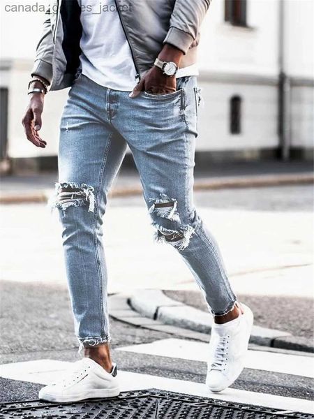 Jeans masculinos azuis claros jeans skinny masswear de rua destruído jeans homme hip hop broken modis lápis biker hollow out jean calças l231225