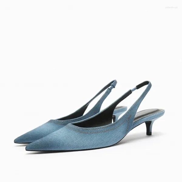 Sapatos de vestido TRAF Blue Pumps Saltos para mulheres São de verão Sandálias elegantes Slingbacks de salto médio