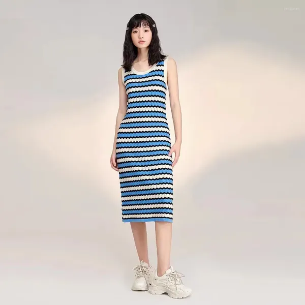 Casual Kleider Blau Weiß Gestreiften Strick Sommer Kleid Frauen Ärmellose O Neck Slash Midi Hohe Taille Einfache Kleidung Korea I942