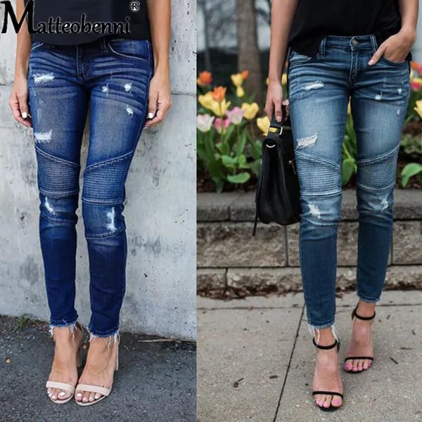 Jeans skinny a vita media alla moda Pantaloni denim vintage invecchiati da donna Autunno arricciato Matita distrutta Casual strappato 231225