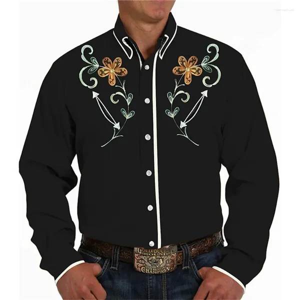 Herren lässige Hemden Retro Western für Mann Kleidung 3D Drucker schwarzer Straßenknopf Langarmer Modedesigner Bluse