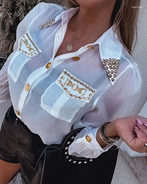 Blouses feminina Moda Camisa feminina Design de bolso cravejado de primavera de colarinho virado de coleira longa ligeiramente transparente