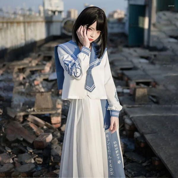 Рабочие платья, японская школьная форма для девочек JK, юбки, костюм, женские блузки с бантом и длинными рукавами, плиссированная юбка, матросские темно-синие костюмы