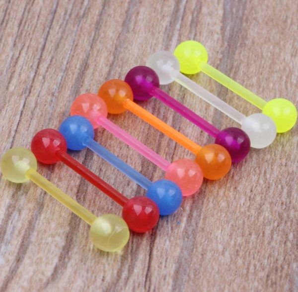 Mescolare 8 colori interi gioielli per il corpo acrilico UV 100 pezzi lotto anelli per la lingua bagliore nel buio piercing al bilanciere7220810