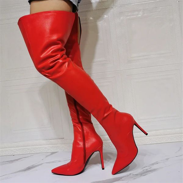 Выполненные на заказ красные женские сапоги выше колена, большой размер 47, женские сексуальные высокие сапоги до бедра на шпильке, полускользящая молния 231225