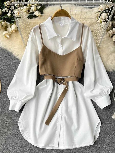 Vestido de duas peças Sirreiny Senior Irregular Fashion Two Pieces Ternos Long Sle White Shirt Dress+Love Belt Camisole Women Women Conjuntos de outono L231225