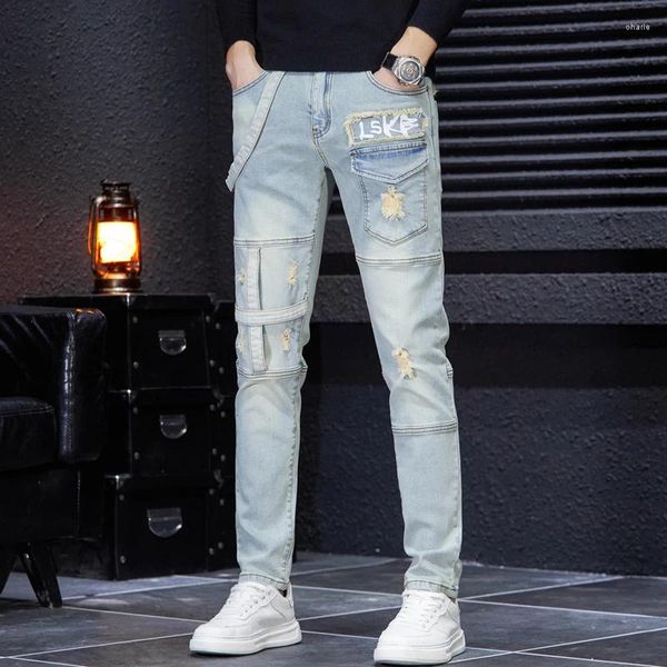 Мужские джинсы 2024 Уличные брюки Американские потертые повседневные прямые облегающие строчки мотоциклетные модные
